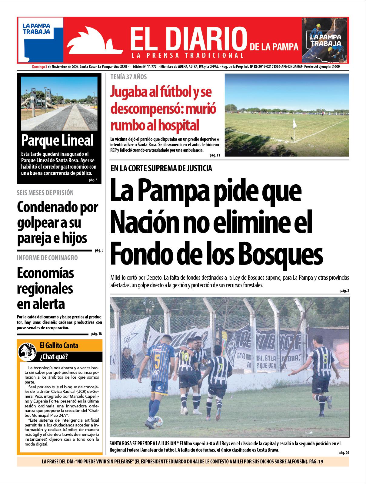 Tapa de El Diario en papel  domingo 03 de noviembre de 2024